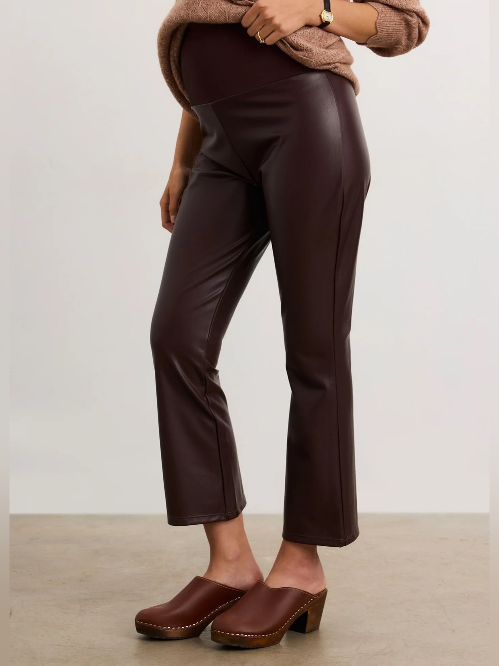 Hatch Maternity Pants Womens Medium Brown Vegan Faux Leather Crop Flare Stretch - Picture 10 of 10